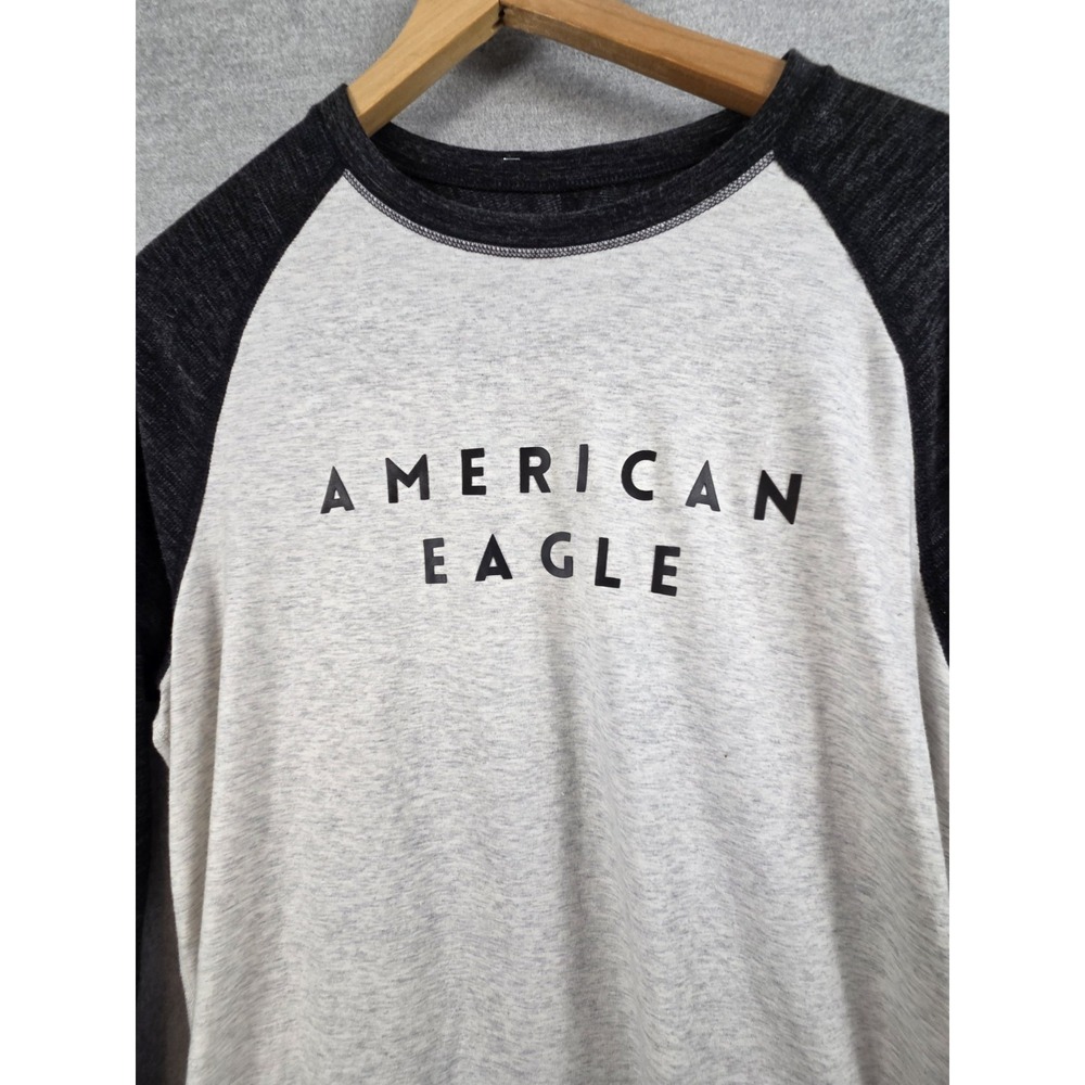 American Eagle Jersey Knit Shirt Mens L Gray Black Colorblock Spellout Logo Y2K